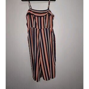 Socialite Wide Leg Cropped Jumpsuit Blue/red Striped Pockets Size Large
